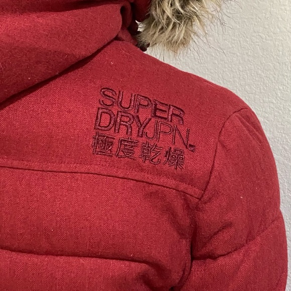 SUPERDRY Tall Marl Toggle Puffle Jacket Burgundy Puffer Hooded Coat Size 2 US - Picture 12 of 16